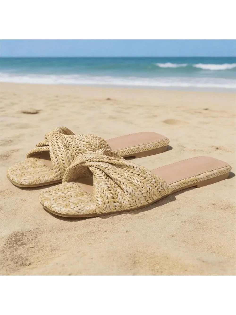Women's Apricot Summer Raffia Open Toe Woven Braided Twist Comfort Flat Sandals